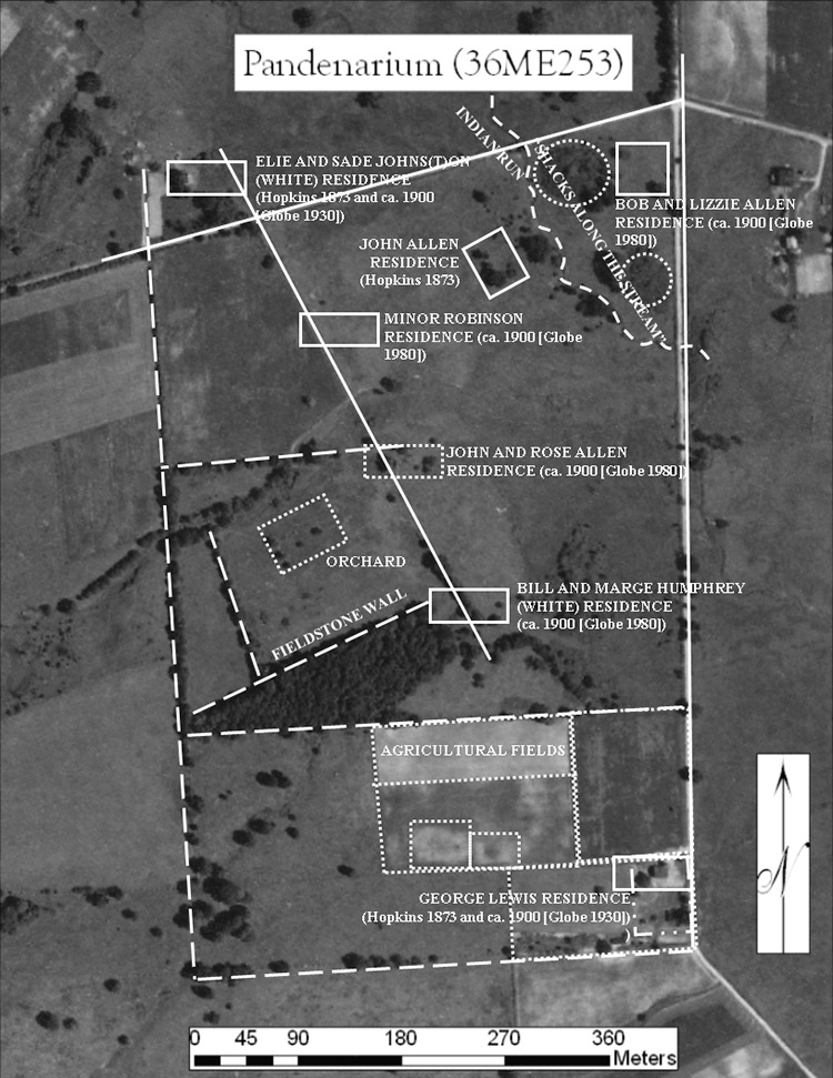 An aerial view of a rural area with boundaries and outlines marked in white