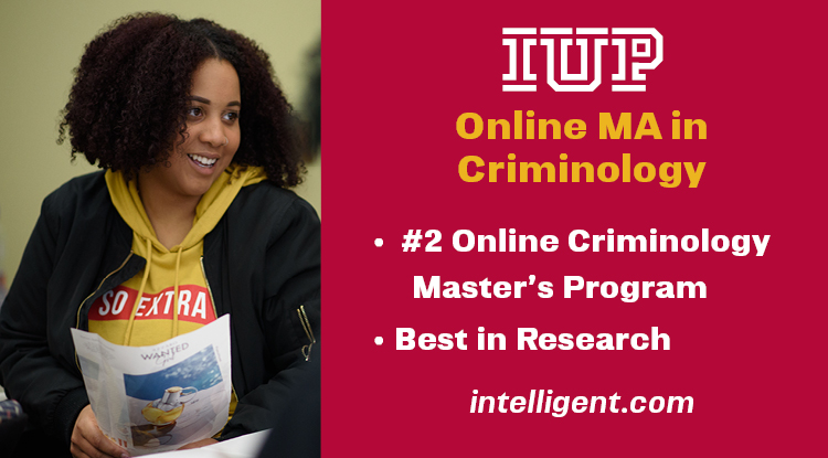 Student smiling as she reads the help wanted section of a newspaper. Image text says IUP Online MA in criminolgy: #2 Online Criminolgy Master's Program; Best in Research. Source: intelligent.com