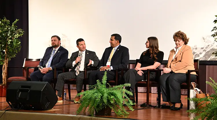 From left, Senate Majority Leader Senator Joe Pittman,  Representative and Chair Appropriations Committee Representative Jim Struzzi, Representative Dr. Arvind Venkat, Office of the Governor Deputy Chief of Staff Lindsey Mauldin and Senator Michele Brooks during the panel discussion “Government Impact on Rural Health.”