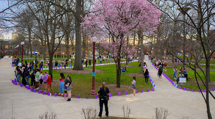 Several people stand in the Oak Grove, facing left in fading daylight, as lights in colored covers, most of them purple, completely line the sidewalks. A female police officer watches over the event. A pink flowering tree is visible at the center of the grove among several bare trees. 