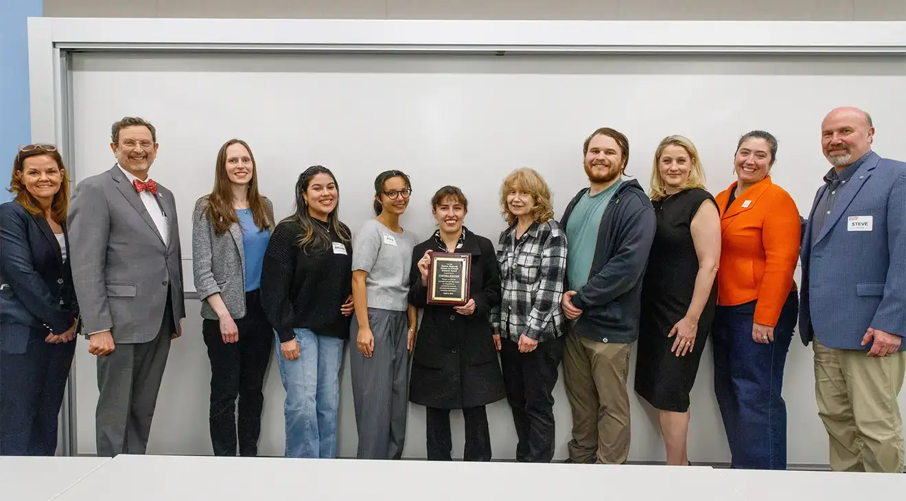 From left, IUP Dr. John J. and Char Kopchick College of Natural Sciences and Mathematics Assistant Dean Dr. Amy Cook, IUP President Dr. Michael Driscoll, Women in STEAM faculty advisor Dr. Sarah Emel, Women in STEAM Vice President and program co-chair Briana Rodriguez; Women in STEAM President and program co-chair Sofia Kelly; Dr. Theresa McDevitt Women in STEAM inaugural award recipient Cynthia Roldan; IUP Library Faculty Emerita Dr. Theresa McDevitt; IUP Mathematical and Computer Sciences faculty member Dr. Samuel Grieggs; IUP alumna and president of Kuzneski Insurance Group and IUP Council of Trustees Vice Chair Laurie Kuzneski, of Indiana, Women in STEM keynote speaker; IUP Interim Dean of the College of Health Sciences and Vice Provost for Research and Innovation Dr. Hilliary Creely; Dean of the Kopchick College Dr. Steve Hovan.