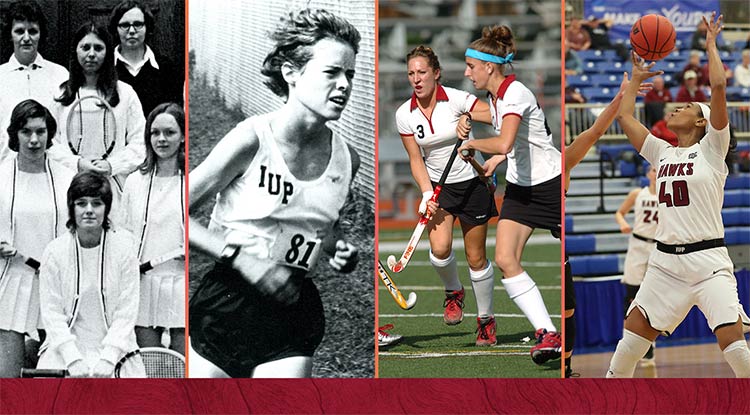 A collage of sports images.  On the left is a black and white shot of a women's tennis team from the early 70s.  Next is a black and white photo of a young woman running track.  Next is a color image of two women playing field hockey.  Lastly is a color photo of a young woman playing basketball.