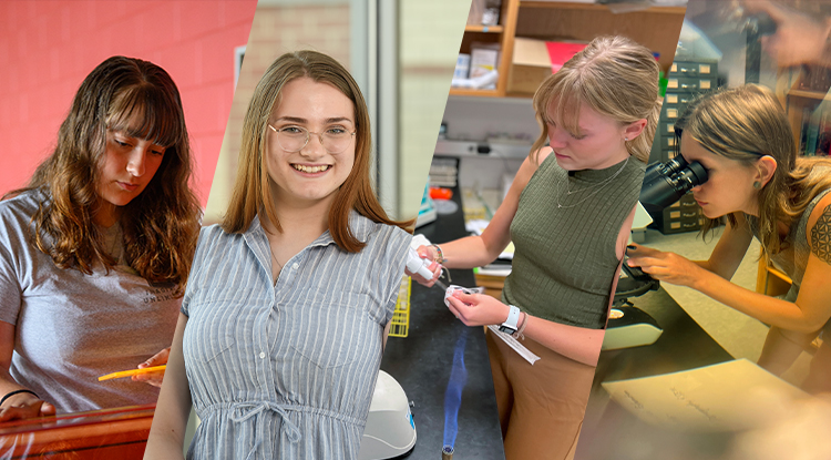 Left to right: a student looking down at a small piece of orange plastic in her hand, a student smiling for a portrait in front of a window, a student working with specimens in a lab with a Bunsen burner flame in front of her, and a student looking into a microscope 