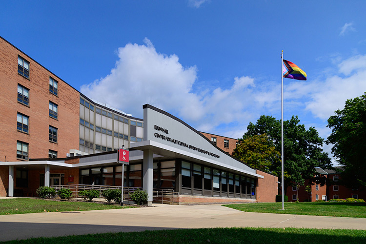 A rainbow flag featuring the six-stripe rainbow design, plus a chevron along the hoist with black, brown, light blue, pink, and white stripes, flies outside the Center for Multicultural Student Leadership and Engagement in Elkin Hall