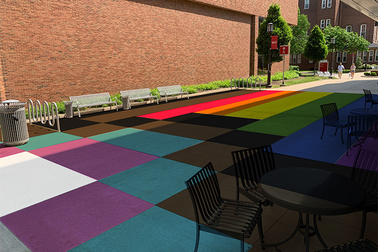 An artist rendering shows the sidewalk in between Stapleton Library, Sutton Hall, and Leonard Hall with blocks painted white, pink, light blue, brown, and black and with stripes in typical rainbow colors