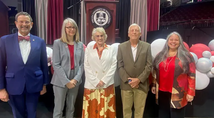 From left, IUP President Dr. Michael Driscoll; IUP Vice President for University Advancement Jennifer DeAngelo; Becky Walzak, David Walzak, IUP proposed college of osteopathic medicine Founding Dean Dr. Miko Rose