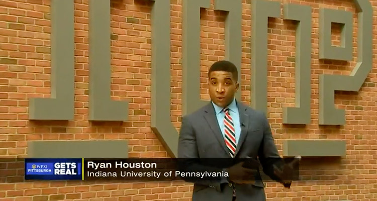 Ryan Houston in front of  an IUP building on campus, Screenshot from WPXI television