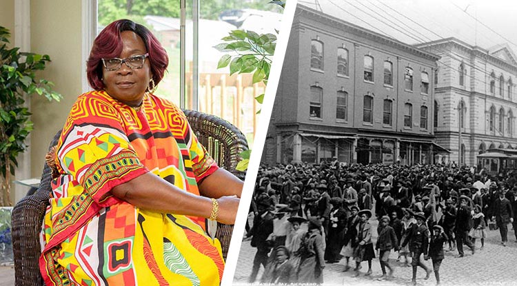 Carol Asamoah in her “she shed” outside her White Township home and a crowd walks down the street during an Emancipation Day celebration in Richmond, Virginia, in 1905. (Virginia Commonwealth University Libraries) juneteenth-qanda-750.jpg