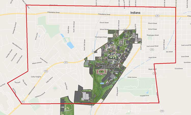 A map of Indiana Borough with a red rectangle box that creates a border. The northwest corner of the border starts at Water Street and College Lodge Road and runs east to 4th Street. From there, the border runs south along 4th Street, then turns right onto Grandview Ave. The border makes a left-hand turn onto 6th Street and runs until Hospital Drive. The southern border does not follow any roads, but cuts across town until it gets to the corner of Oakland Ave and McKnight Rd. It follows McKnight Road all the way to Warren Road. It follows Warren Road north until just past Lilac Street. From there, the border travels due north, not following any roads, until it meets up with the northwest corner at the intersection of College Lodge Road and Water Street.