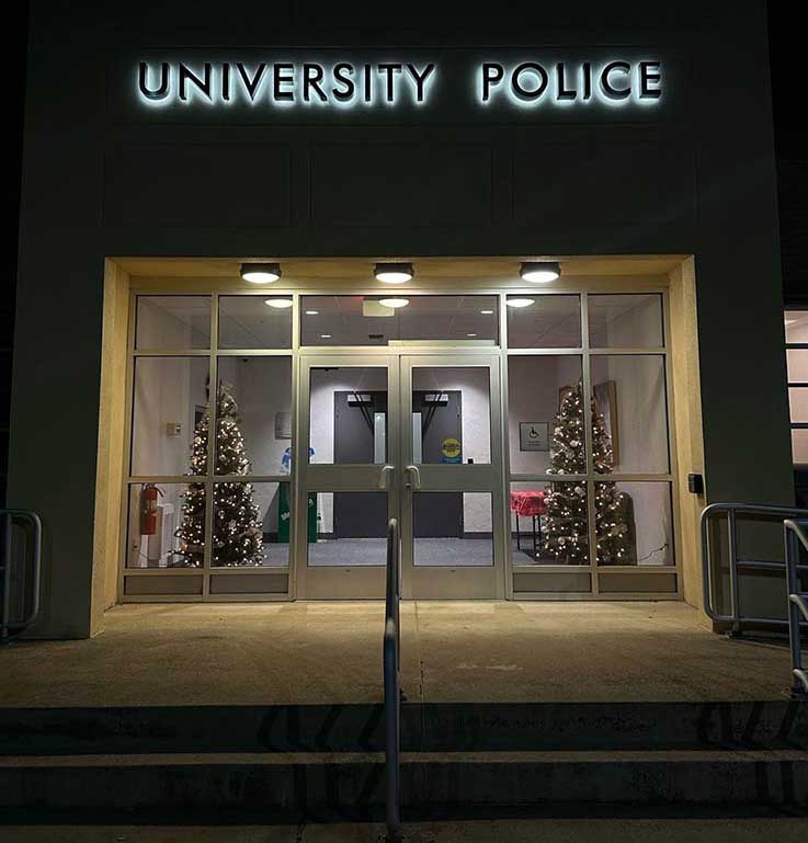 Entrance to IUP Police Dept with holiday deocrations