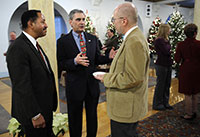Talking at the December 3 Holiday Open House were, from left, IUP President Tony Atwater, PASSHE Chancellor John Cavanaugh, and chemistry professor John Ford. Talking at the December 3 Holiday Open House were, from left, IUP President Tony Atwater, PASSHE Chancellor John Cavanaugh, and chemistry professor John Ford.