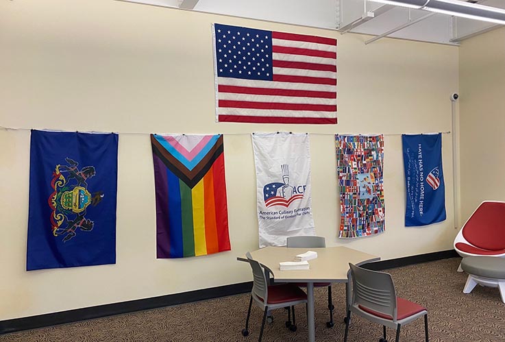 Flags on display in the IUP Punxsutawney Campus Learning Commons