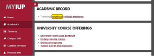 unofficial transcript myiup academics tab