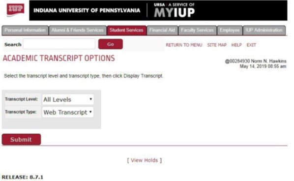 academic transcript option dropdown menu