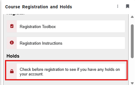 Screenshot of the course registration hold card in MYIUP. The hold button is highlighted. 