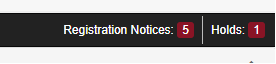 A screenshot showing registration notices and holds on the student account. In the student profile located in the top right corner. 