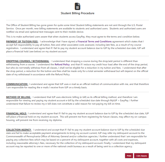 Image of student acknowledgement information
