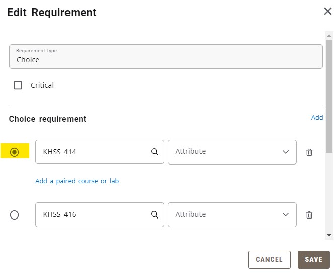 choose course in choice block of student educational planner