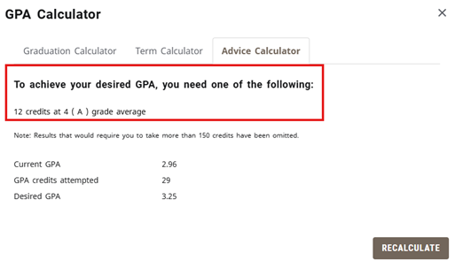 This image shows the grades and credits to achieve goals.