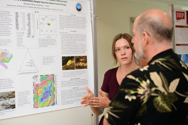 A student discussing research with a faculty member