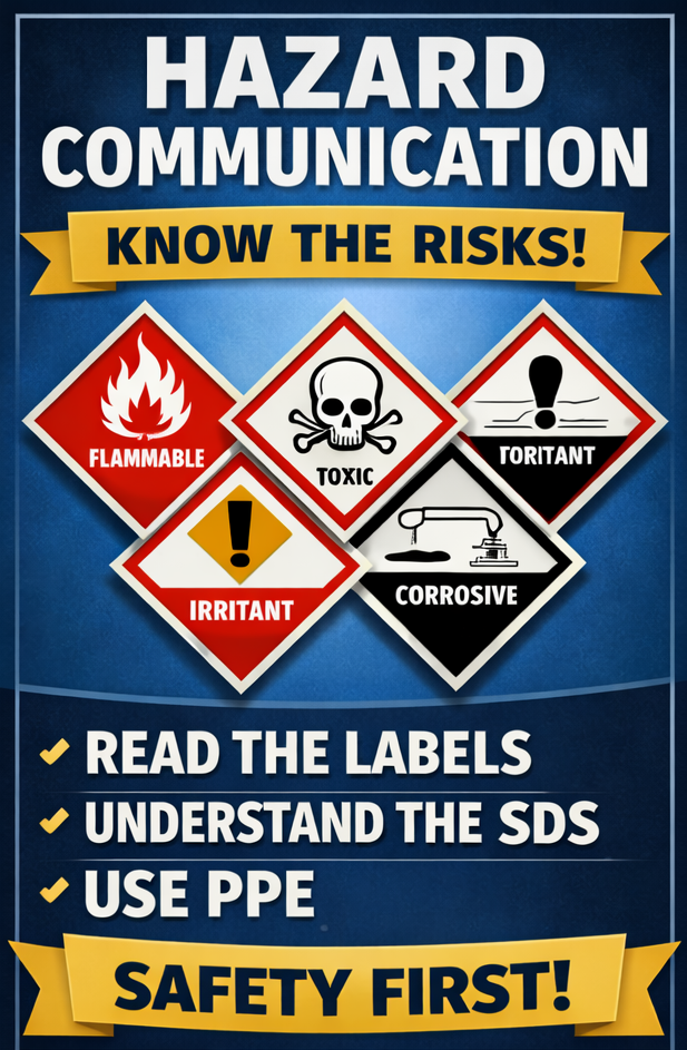 Hazard communication. Know the risks! Read the labels, understand the SDS, use PPE. Safety first!