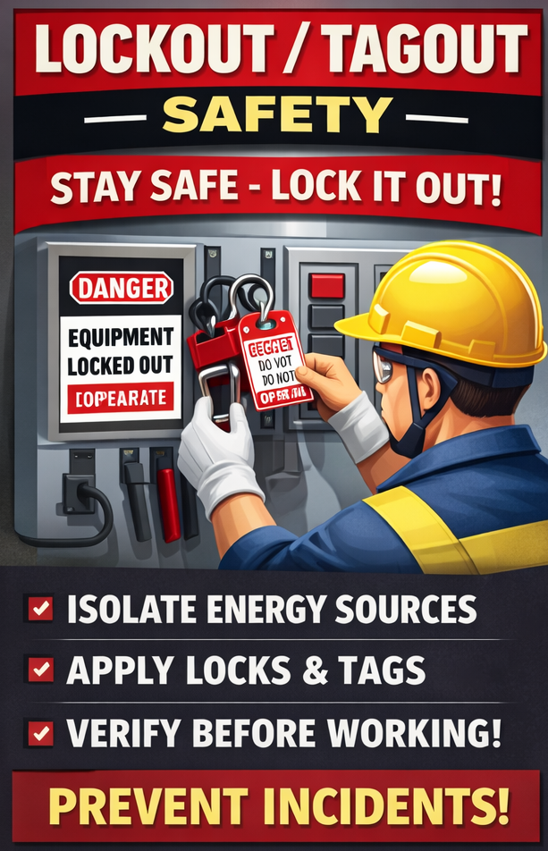 Lockout/tagout safety. Stay safe, lock it out! Isolate energy sources, apply locks and tags, verify before working! Prevent incidents!