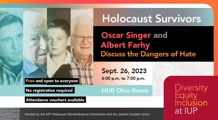 Poster for the presentation by Holocaust survivors Oscar Singer and Albert Farhy