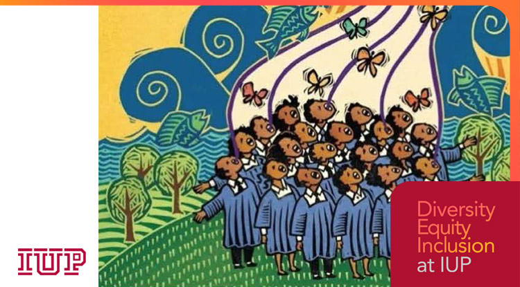 an illustration of a choir in blue robes looking to the sky and singing in unison.
