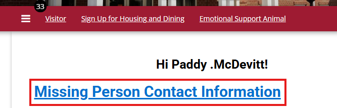 Screenshot of Missing Person link 