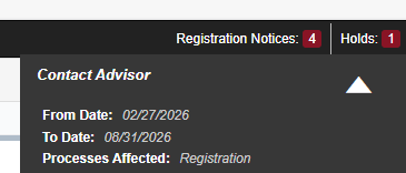 Example of a student hold titled contact advisor. 