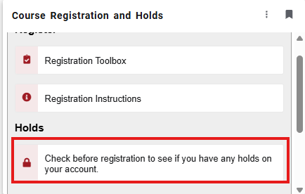 Screenshot of the course registration hold card in MYIUP. The hold button is highlighted. 
