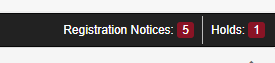 A screenshot showing registration notices and holds on the student account. In the student profile located in the top right corner. 