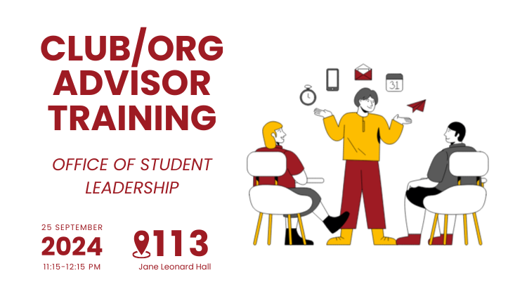 Promotional graphic for the upcoming Club and Organization Advisor Training happening on Wednesday, September 25, 2024.