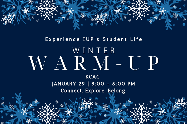 This graphic is promoting Winter Warm-Up 2026. The event will be held at the KCAC Ed Fry Arena, January 29th from 3:00pm-6:00pm. We invite students to connect, explore, and belong.
