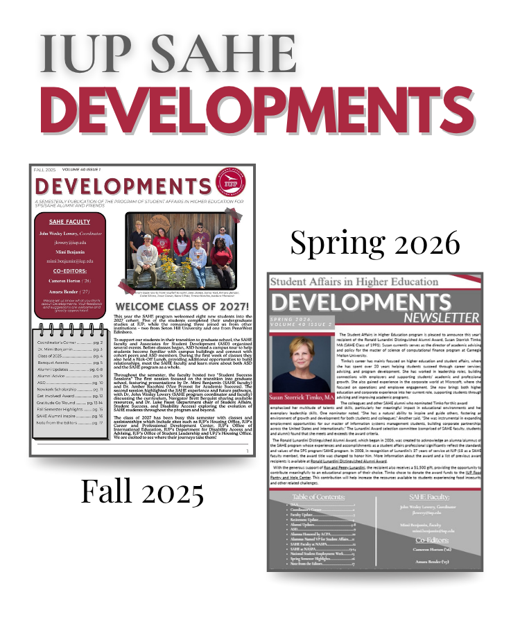 IUP SAHE Developments Fall 2025 and Spring 2026 cover pages.