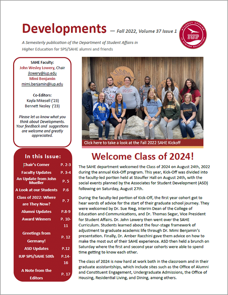 Front page of Developments newsletter. Features group photo of 11 students