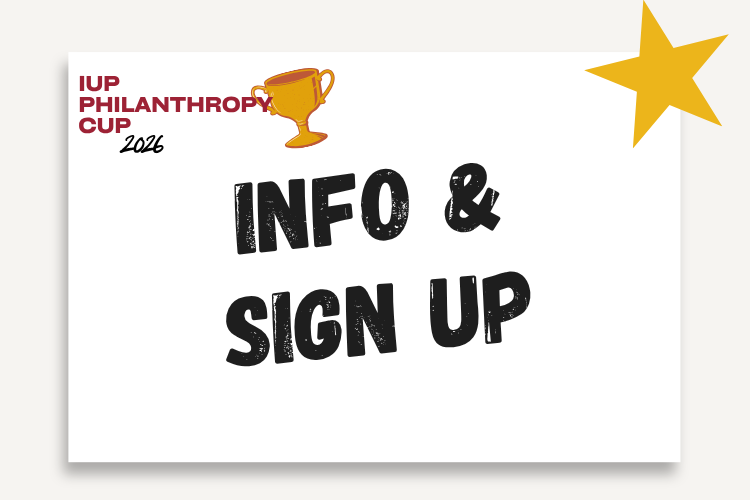 Graphic promoting Philanthropy Cup Info & Sign Up featuring the Philanthropy Cup logo with a gold trophy icon, bold black text reading “INFO & SIGN UP,” and a gold star in the upper-right corner on a white background.