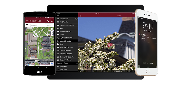 IUP Mobile running on an Android phone, and iPad, and an iPhone