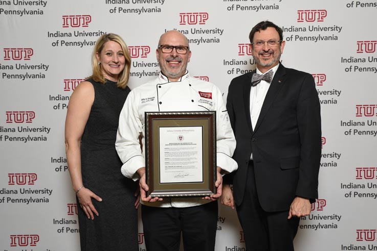 Laurie Kuzneski; IUP Academy of Culinary Arts Chef John Kapusta; and IUP President Michael Driscoll. Laurie Kuzneski; IUP Academy of Culinary Arts Chef John Kapusta; and IUP President Michael Driscoll.