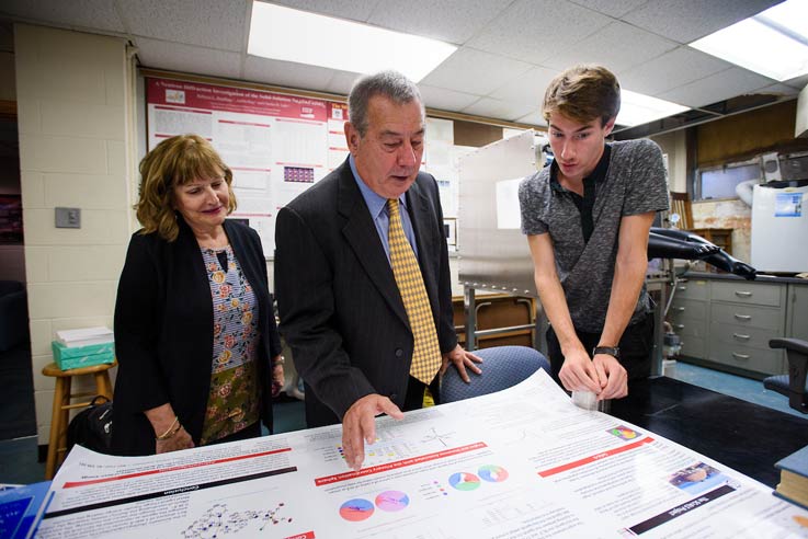 Mrs. Audrey Madia and Dr. Bill Madia talk with IUP sophomore biochemistry major Sam Lenze, from Indiana. Mrs. Audrey Madia and Dr. Bill Madia talk with IUP sophomore biochemistry major Sam Lenze, from Indiana.