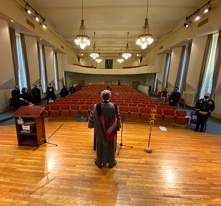 IUP President Michael Driscoll delivers commencement remarks to a socially distanced audience inside Gorell Recital Hall in Sutton Hall. IUP President Michael Driscoll delivers commencement remarks to a socially distanced audience inside Gorell Recital Hall in Sutton Hall.