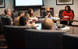 IUP Middle States Accreditation Steering Committee Co-chairs Laura Delbrugge and Hilliary Creely, along with members of the Steering Committee, discuss IUP's Self Study Design