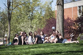 A group of students sitting in the oak grove