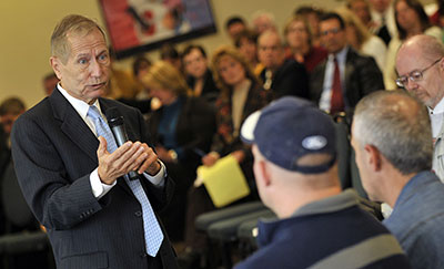 David Werner, interim president, addressed a crowd of about 125 during his second open forum for employees on Friday, October 1, 2010, in the Crimson Event Center.