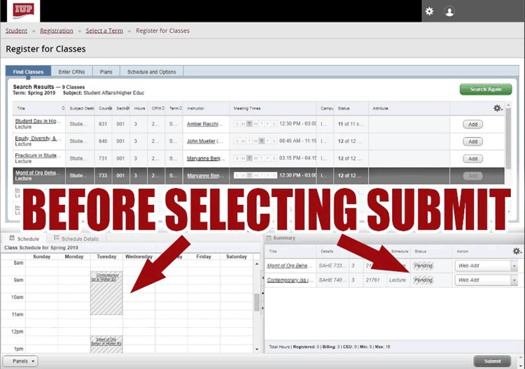 Class blocks and registration status will appear gray until schedule is submitted for processing