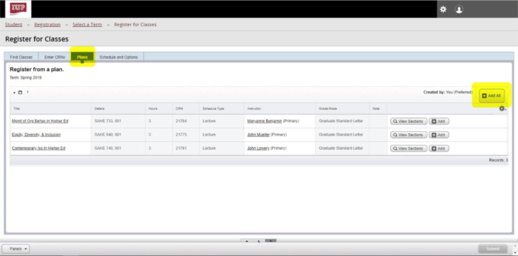 To add a plan into registration, select Add All on the right side
