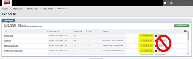 Viewing Sections on the chosen course. You will have to manually add the section at registration