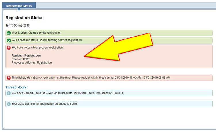 Banner 9 View Registration Status HOLDS