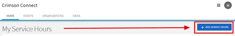 To submit service hours, click the + Add Service Hours button in the top right-hand corner of the screen.