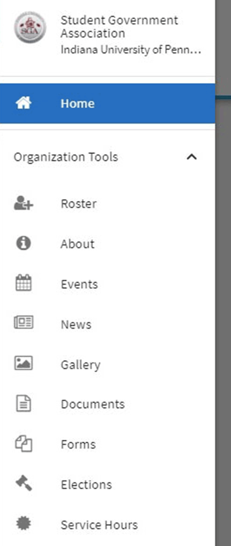 Menu showing organization tools